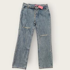 Edikted Jeans Women's Size L Blue Raquel Folded Distressed Straight Mid-Rise NWT